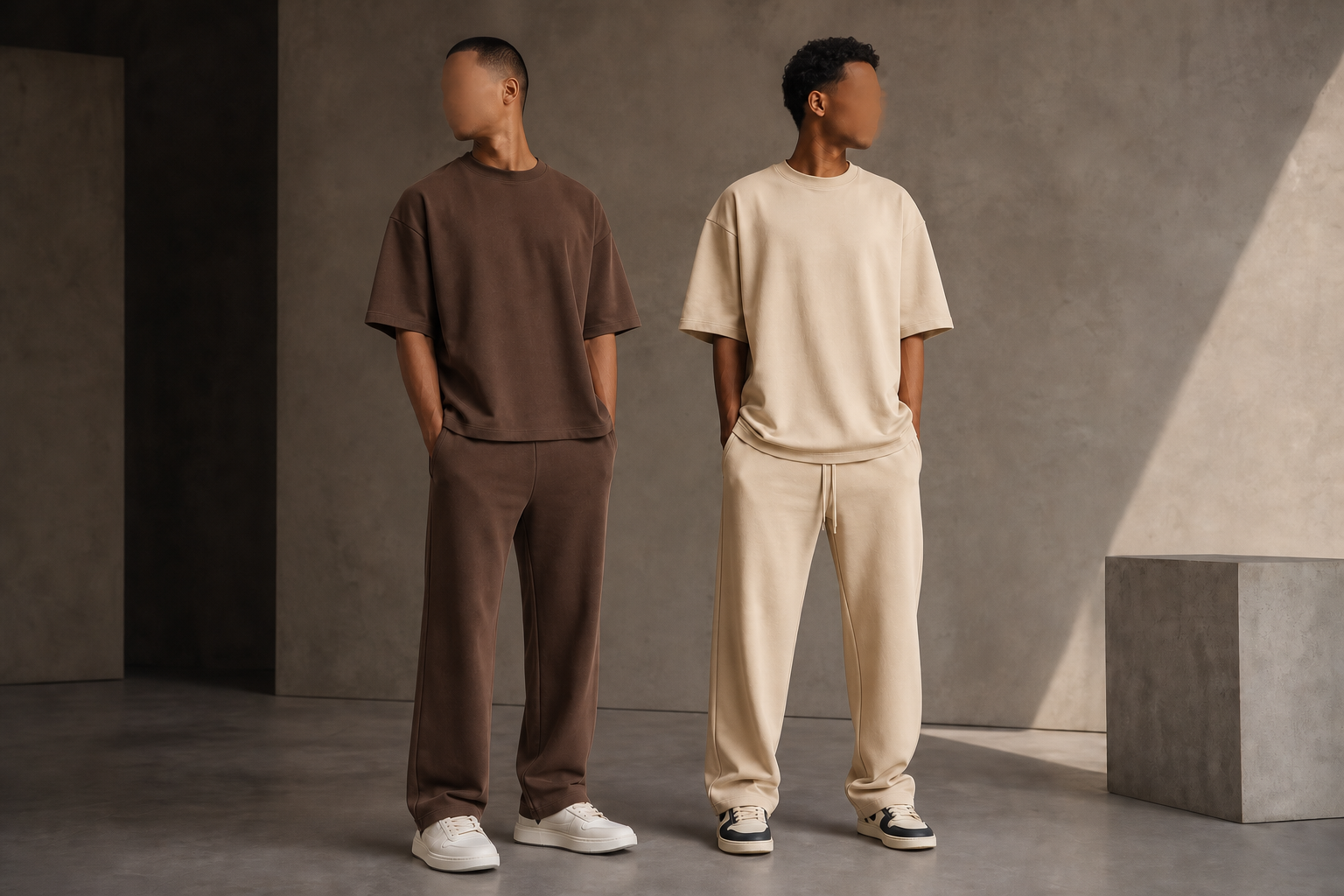 PRANAVERSE oversized T-shirt lookbook lineup in coffee brown, beige, washed black, and olive